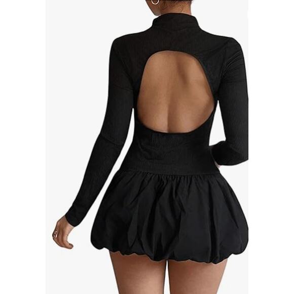 Chicgenes Women's Cut Out Backless Mock Neck Ruffle Long Sleeve Bubble Dress - Picture 2 of 5